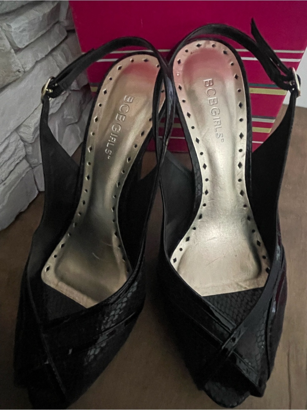 BCBGIRLS Black Snakeskin Embossed Platform Peep Toe Slingback Heels